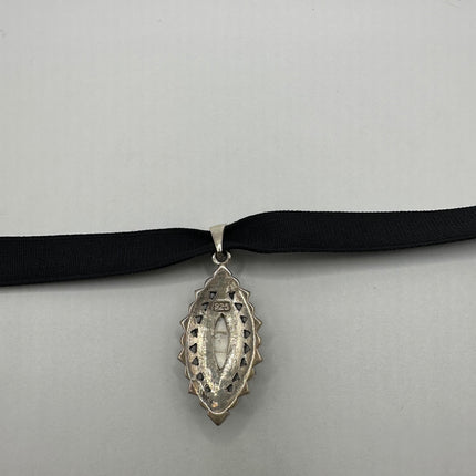 Vintage Mother of Pearl Marcasite Pendant Ribbon Choker Necklace | 925 Sterling Silver Necklace