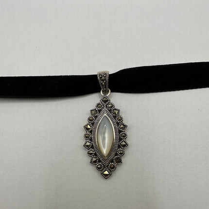Vintage Mother of Pearl Marcasite Pendant Ribbon Choker Necklace | 925 Sterling Silver Necklace