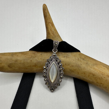 Vintage Mother of Pearl Marcasite Pendant Ribbon Choker Necklace | 925 Sterling Silver Necklace