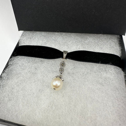 Vintage Silver Pendant Choker Necklace | White Pearl Gemstone Marcasite Crystal Pendant | 925 Sterling Silver Velvet Ribbon Necklace