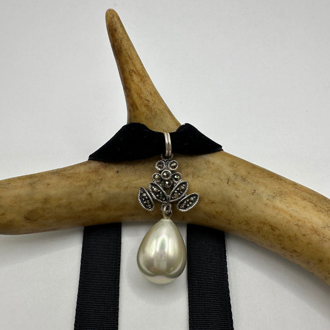 Vintage Gemstone Pendant Choker Necklace | White Pearl Marcasite Birthstone Crystal Pendant 925 Sterling Silver Ribbon Choker Necklace