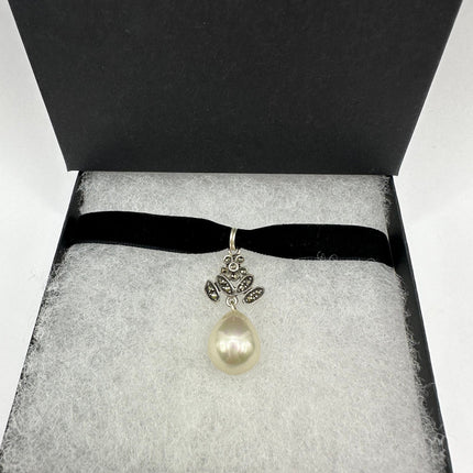 Vintage Gemstone Pendant Choker Necklace | White Pearl Marcasite Birthstone Crystal Pendant 925 Sterling Silver Ribbon Choker Necklace