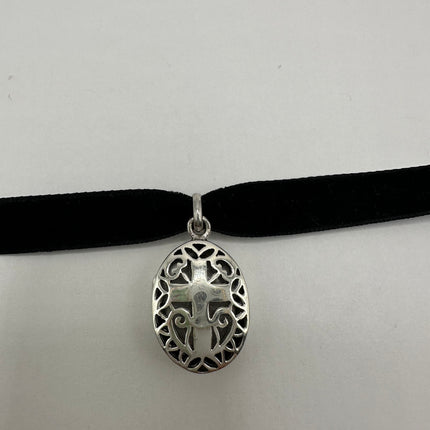 Vintage Silver Locket | Large Oval Photo Pendant Etched Cross Design | 925 Sterling Silver | Holds Small Photo Memory Velvet Choker Necklace