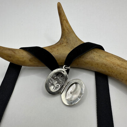 Vintage Silver Locket | Large Oval Photo Pendant Etched Cross Design | 925 Sterling Silver | Holds Small Photo Memory Velvet Choker Necklace