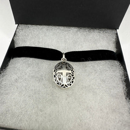 Vintage Silver Locket | Large Oval Photo Pendant Etched Cross Design | 925 Sterling Silver | Holds Small Photo Memory Velvet Choker Necklace