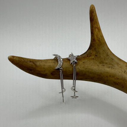 Vintage Silver Earrings | Moon and Star Dangle Deco 925 Sterling Silver Earrings