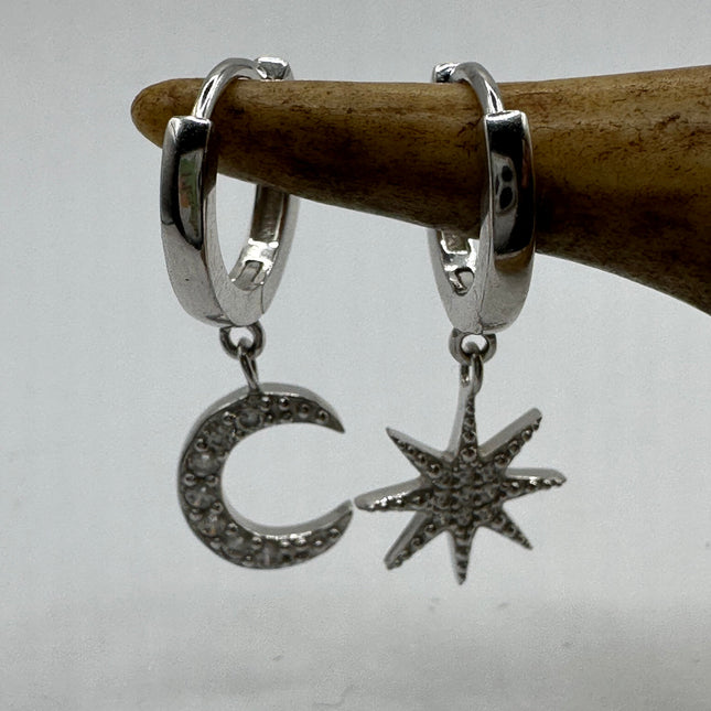Vintage Silver Earrings | Moon and Star Dangle Deco 925 Sterling Silver Earrings