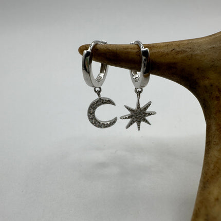 Vintage Silver Earrings | Moon and Star Dangle Deco 925 Sterling Silver Earrings