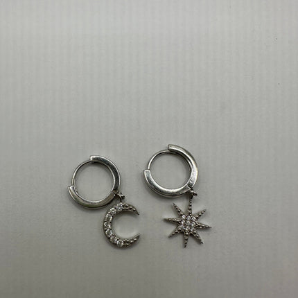 Vintage Silver Earrings | Moon and Star Dangle Deco 925 Sterling Silver Earrings
