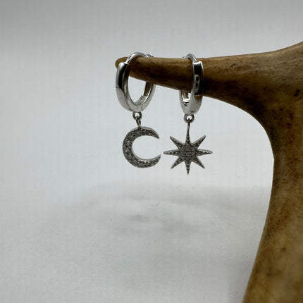 Vintage Silver Earrings | Moon and Star Dangle Deco 925 Sterling Silver Earrings