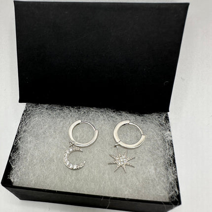 Vintage Silver Earrings | Moon and Star Dangle Deco 925 Sterling Silver Earrings