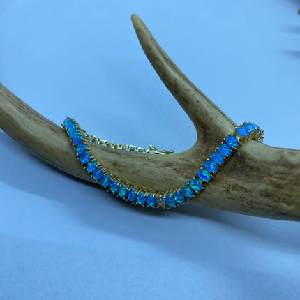Vintage Gold Tennis Bracelet | Blue Fire Opal Gemstone Cubic Zirconia Crystal Diamond Gold 4 Prong Setting in Golden 925 Sterling Silver