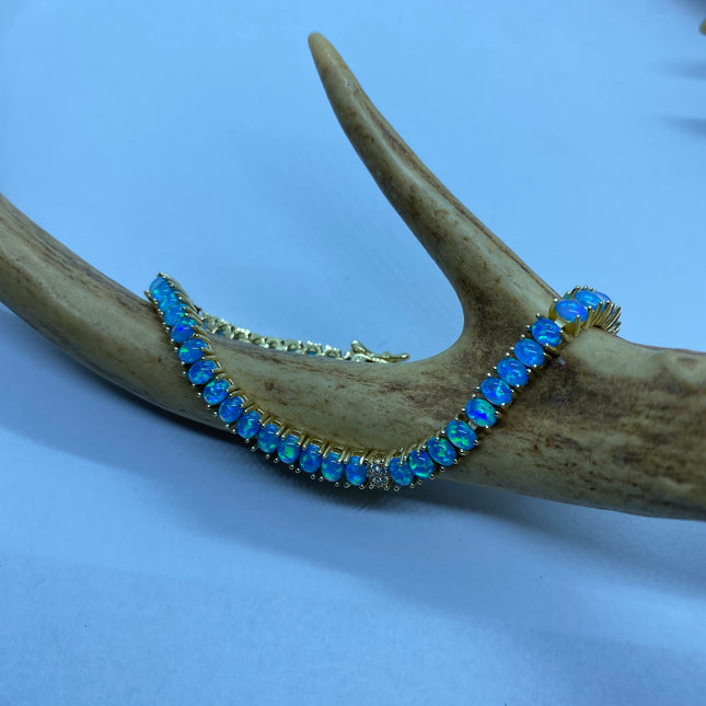 Vintage Gold Tennis Bracelet | Blue Fire Opal Gemstone Cubic Zirconia Crystal Diamond Gold 4 Prong Setting in Golden 925 Sterling Silver
