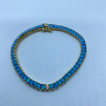 Vintage Gold Tennis Bracelet | Blue Fire Opal Gemstone Cubic Zirconia Crystal Diamond Gold 4 Prong Setting in Golden 925 Sterling Silver