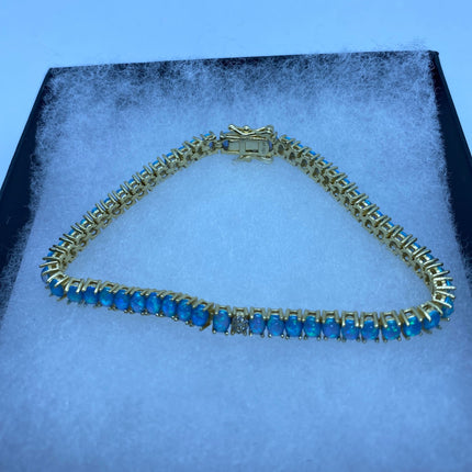 Vintage Gold Tennis Bracelet | Blue Fire Opal Gemstone Cubic Zirconia Crystal Diamond Gold 4 Prong Setting in Golden 925 Sterling Silver