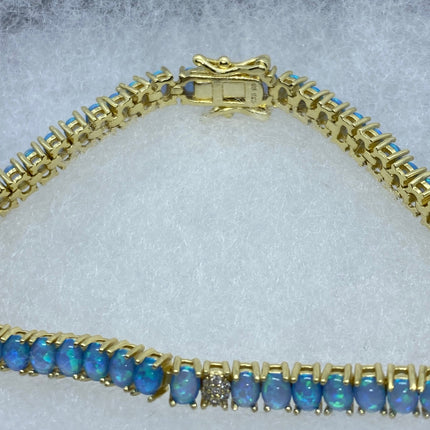 Vintage Gold Tennis Bracelet | Blue Fire Opal Gemstone Cubic Zirconia Crystal Diamond Gold 4 Prong Setting in Golden 925 Sterling Silver