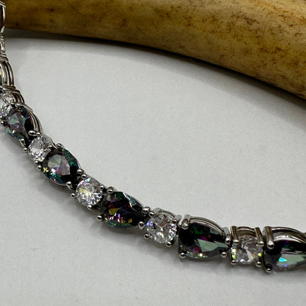 Vintage Silver Tennis Bracelet | Mystic Blue Topaz Crystal Diamond Cubic Zirconia 925 Sterling Silver