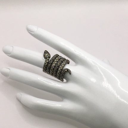 Vintage Silver Snake Ring | Clear Crystal Marcasite Eternity Serpent Ring | 925 Sterling Silver Wedding Band | Unique Gift