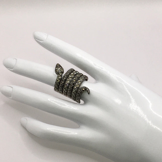 Vintage Silver Snake Ring | Clear Crystal Marcasite Eternity Serpent Ring | 925 Sterling Silver Wedding Band | Unique Gift