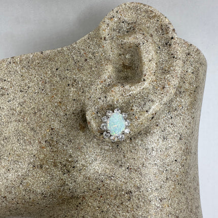 Vintage Silver Earrings | White Fire Opal Stud Button Earrings