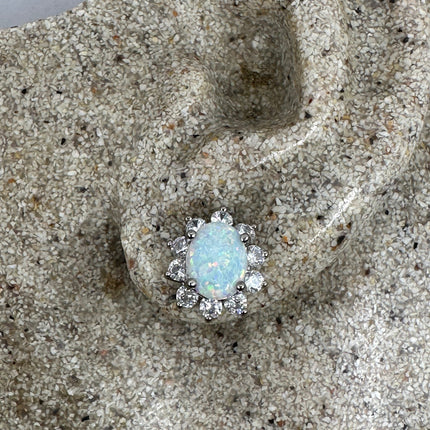 Vintage Silver Earrings | White Fire Opal Stud Button Earrings