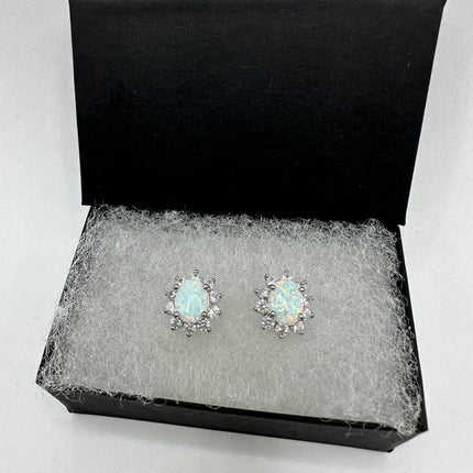 Vintage Silver Earrings | White Fire Opal Stud Button Earrings