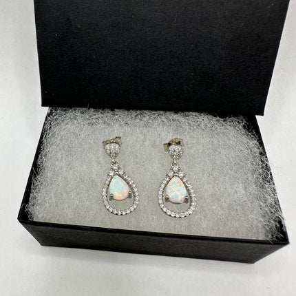 Vintage Silver Earrings | White Fire Opal Stud Button Earrings