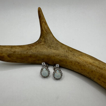 Vintage Silver Earrings | White Fire Opal Stud Button Earrings
