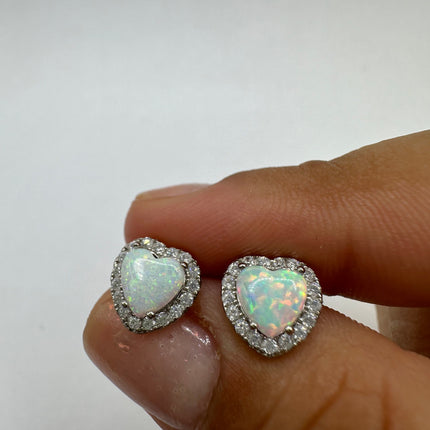 Vintage Silver Earrings | Diamond look White Fire Opal Heart Stud Button Earrings