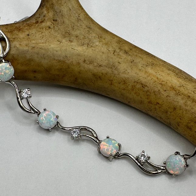 Vintage Silver Tennis Bracelet | White Fire Opal Gemstone Cubic Zirconia Crystal Diamond Unique Style | 925 Sterling Silver Tennis Bracelet