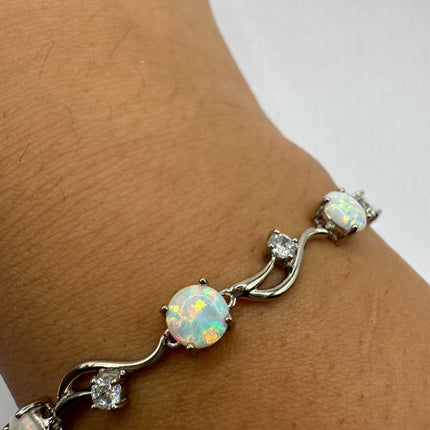 Vintage Silver Tennis Bracelet | White Fire Opal Gemstone Cubic Zirconia Crystal Diamond Unique Style | 925 Sterling Silver Tennis Bracelet