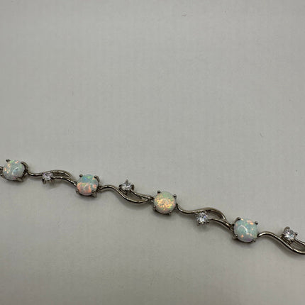 Vintage Silver Tennis Bracelet | White Fire Opal Gemstone Cubic Zirconia Crystal Diamond Unique Style | 925 Sterling Silver Tennis Bracelet