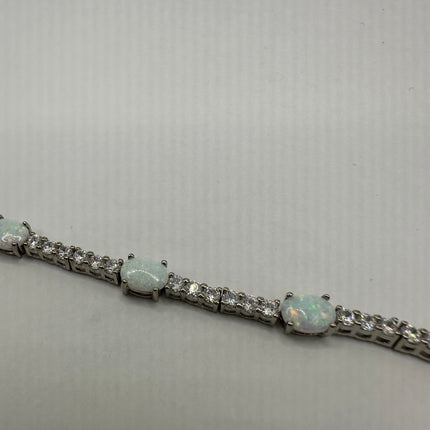 Vintage Silver Tennis Bracelet | White Fire Opal Gemstone Crystal Diamond Set in 925 Sterling Silver | Bracelet for Stacking Everyday Prom