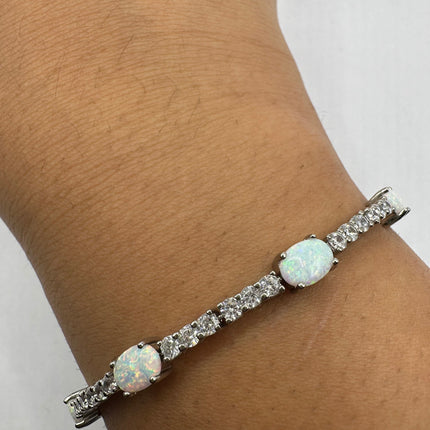 Vintage Silver Tennis Bracelet | White Fire Opal Gemstone Crystal Diamond Set in 925 Sterling Silver | Bracelet for Stacking Everyday Prom