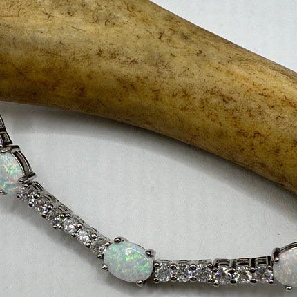 Vintage Silver Tennis Bracelet | White Fire Opal Gemstone Crystal Diamond Set in 925 Sterling Silver | Bracelet for Stacking Everyday Prom