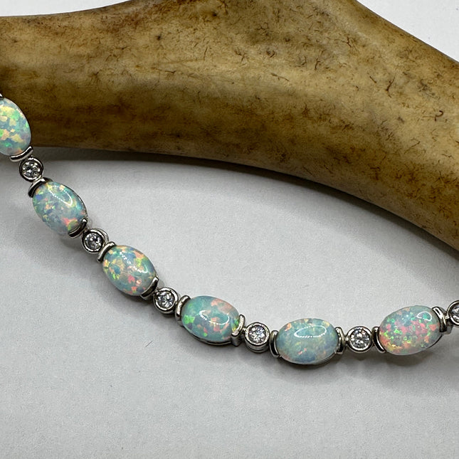 Vintage Silver Tennis Bracelet | White Fire Opal Gemstone Cubic Zirconia Crystal Diamond | 925 Sterling Silver