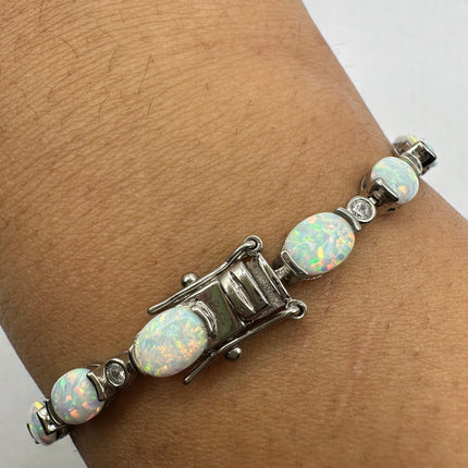 Vintage Silver Tennis Bracelet | White Fire Opal Gemstone Cubic Zirconia Crystal Diamond | 925 Sterling Silver