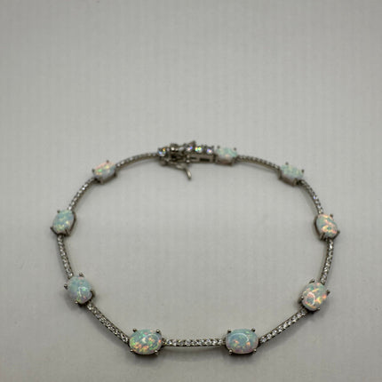 Vintage Silver Tennis Bracelet | White Fire Opal Gemstone Crystal Diamond Set in 925 Sterling Silver