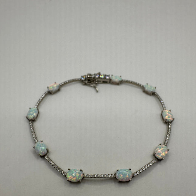 Vintage Silver Tennis Bracelet | White Fire Opal Gemstone Crystal Diamond Set in 925 Sterling Silver