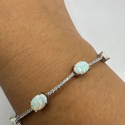 Vintage Silver Tennis Bracelet | White Fire Opal Gemstone Crystal Diamond Set in 925 Sterling Silver