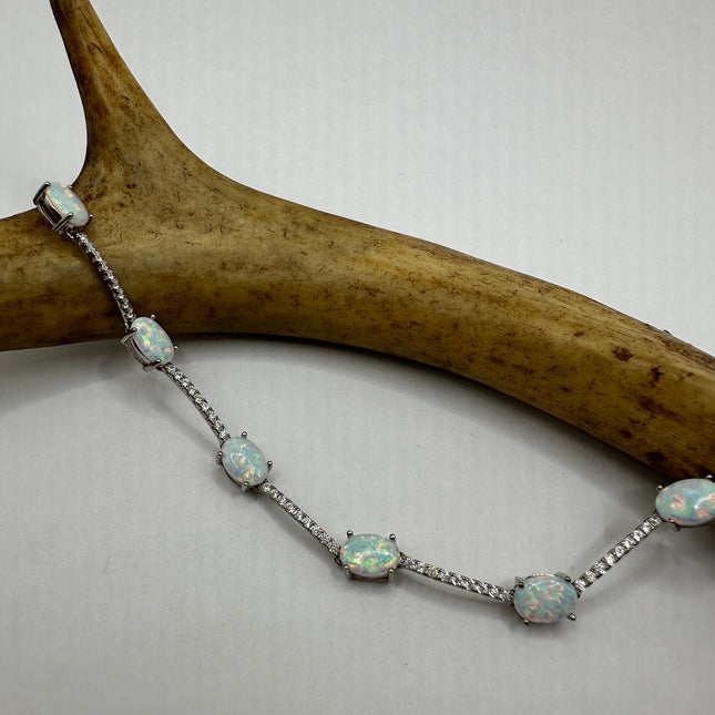 Vintage Silver Tennis Bracelet | White Fire Opal Gemstone Crystal Diamond Set in 925 Sterling Silver