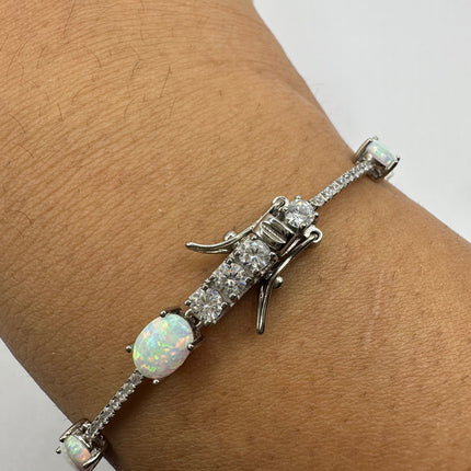 Vintage Silver Tennis Bracelet | White Fire Opal Gemstone Crystal Diamond Set in 925 Sterling Silver