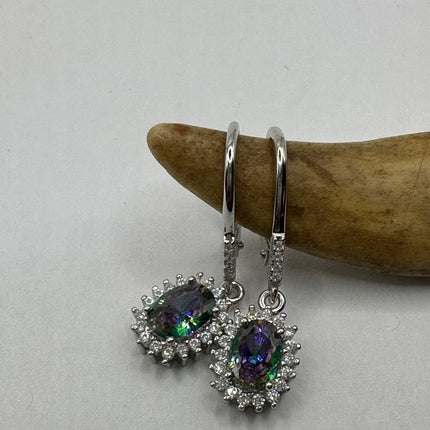 Vintage Silver Earrings | Blue Mystic Topaz White Sapphire Gemstone Dangle Drop Chandelier Earrings | 925 Sterling Silver