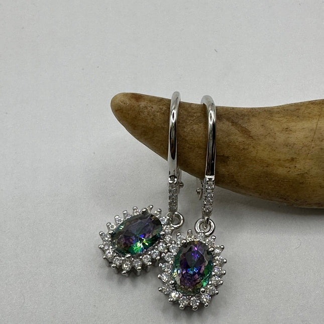 Vintage Silver Earrings | Blue Mystic Topaz White Sapphire Gemstone Dangle Drop Chandelier Earrings | 925 Sterling Silver