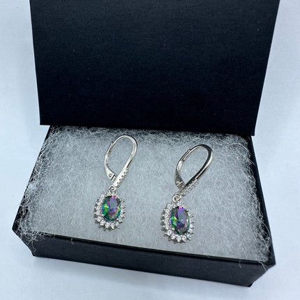 Vintage Silver Earrings | Blue Mystic Topaz White Sapphire Gemstone Dangle Drop Chandelier Earrings | 925 Sterling Silver