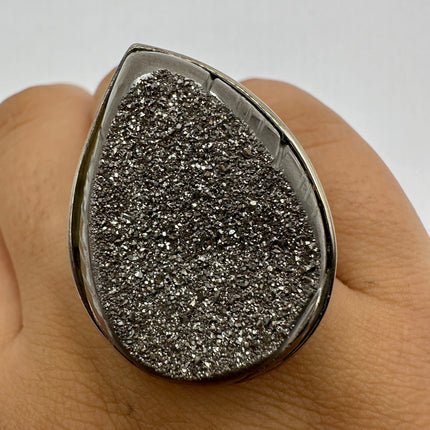 Vintage Hematite Drusy Crystal Ring Band 925 Sterling Silver