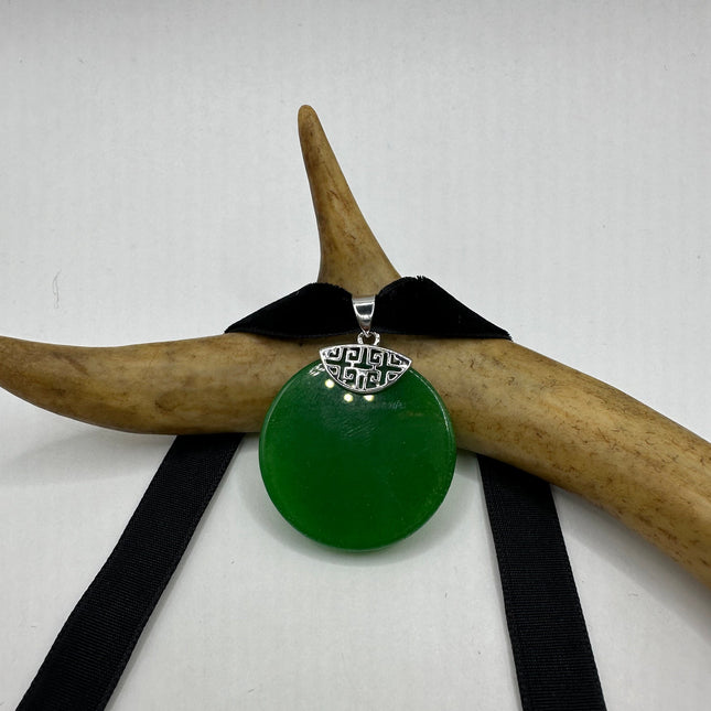 Vintage Green Jade Deco Choker Necklace - Silver Bronze