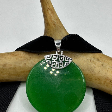Vintage Green Jade Deco Choker Necklace - Silver Bronze