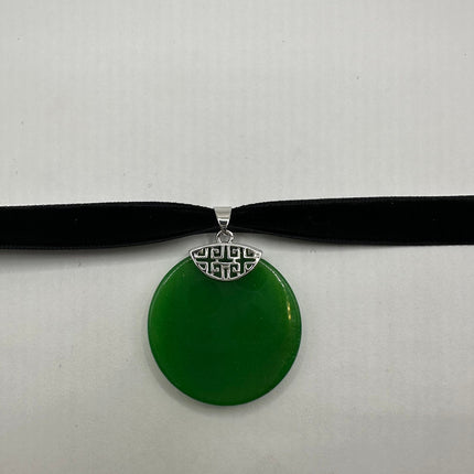 Vintage Green Jade Deco Choker Necklace - Silver Bronze