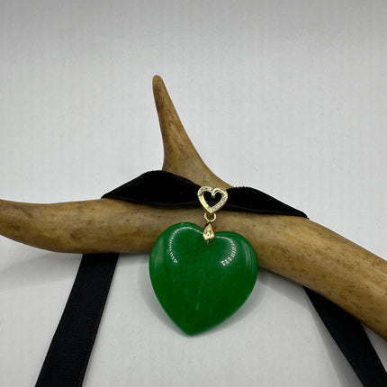 Vintage Green Jade Heart Deco Choker Necklace - Silver Bronze